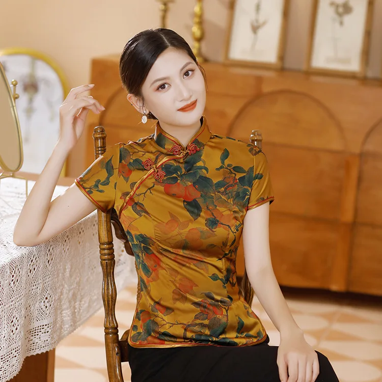 シャツ/ブラウス(長袖/七分) Vintage Jacquard satin china blouse Vintage Chinese Mandarin Collar Tang Shirt Women Traditional Top