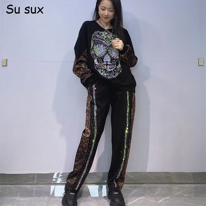 

Leopard Patchwork Pullover Sweatshirts and Pant Sets Tracksuit Woman Outfits Casual Sequins Oversized 2 Piece Matching Sets