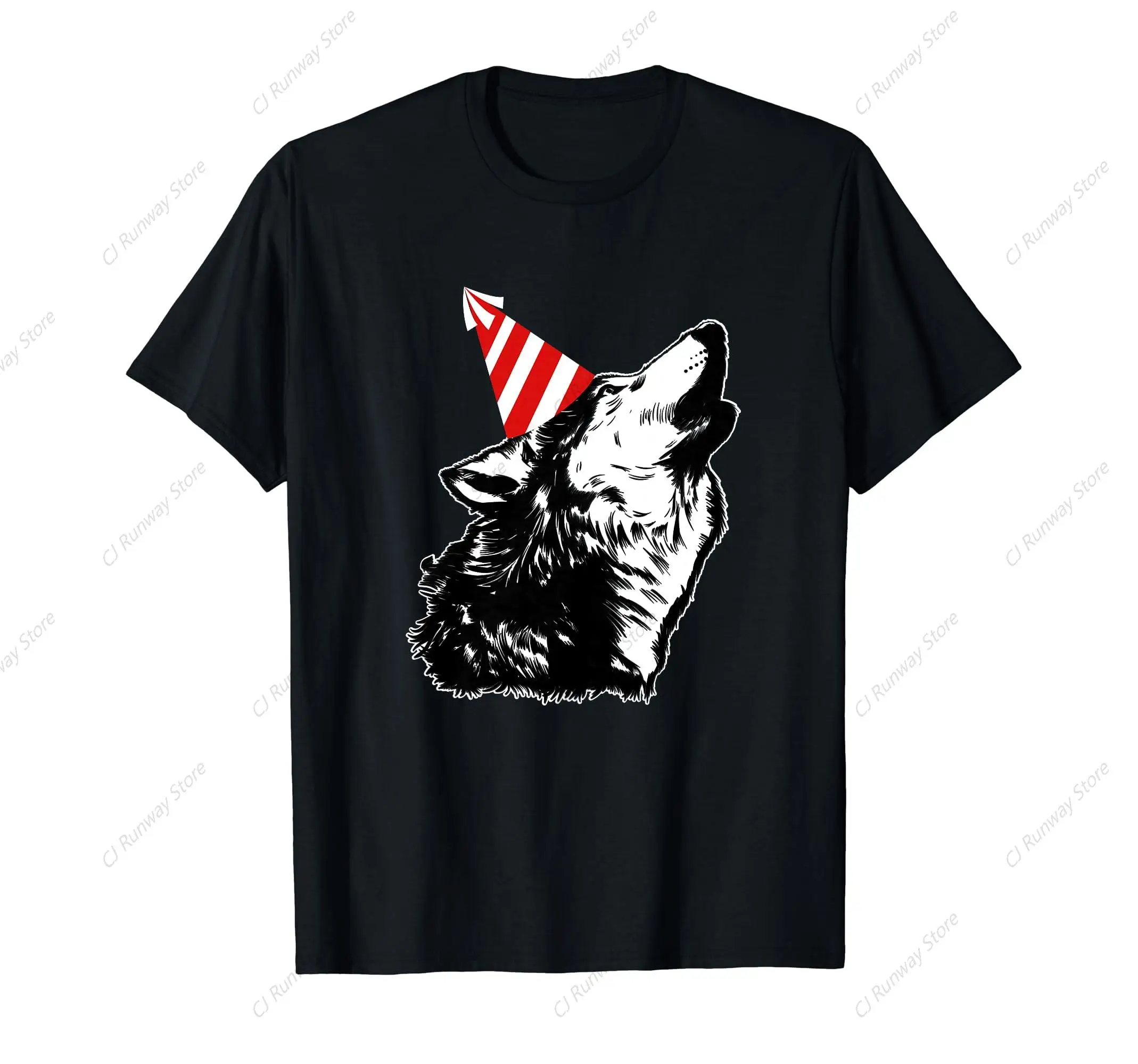 Wolf At A Party Cute Wolf with a Birthday Hat T-Shirt Cotton T-Shirt For Men Hip Hop T-Shirts Rapper Boy Men's T-Shirt