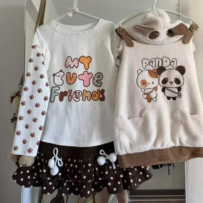 IMU Japanese Sweet Lolita 3 Piece Sets Women Kawaii Plush Hooded Cartoon Panda Vest Polka Dot Print Mini Skirt Korean Style Y2k