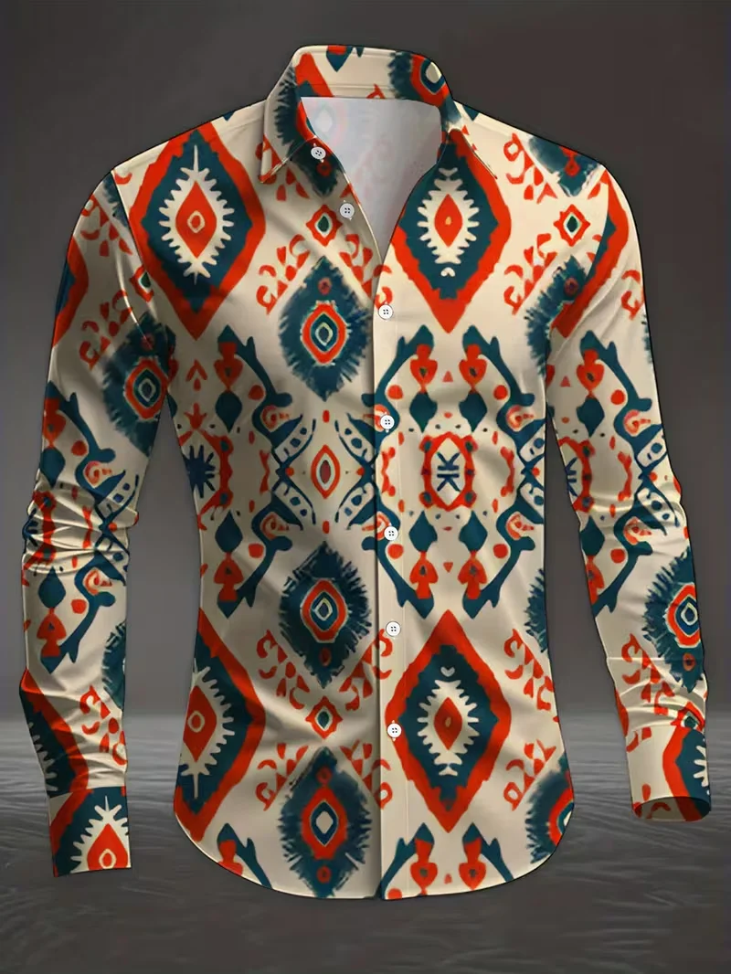 Men's Long Sleeved Shirt, Lapel Shirt, 3D Floral Print, Irregular Geometric Casual Long Sleeved Fashionable Shirt Top