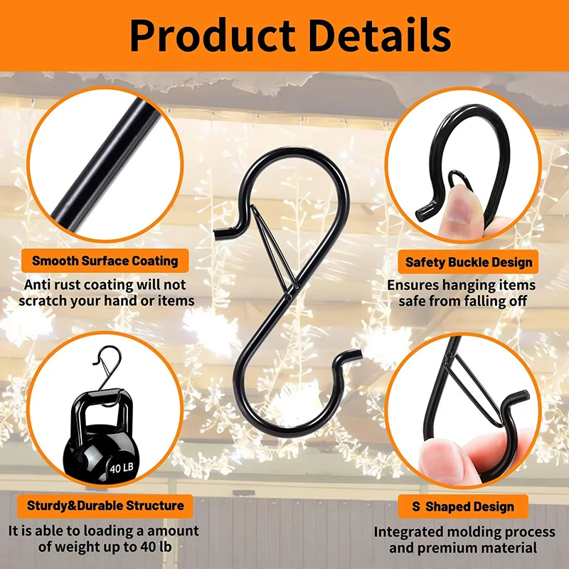 S-shaped Metal Rust Proof Hooks, High Load-bearing Hook with Safety Buckle Design, Widely Used Hanging Kitchen Utensils, Clothes