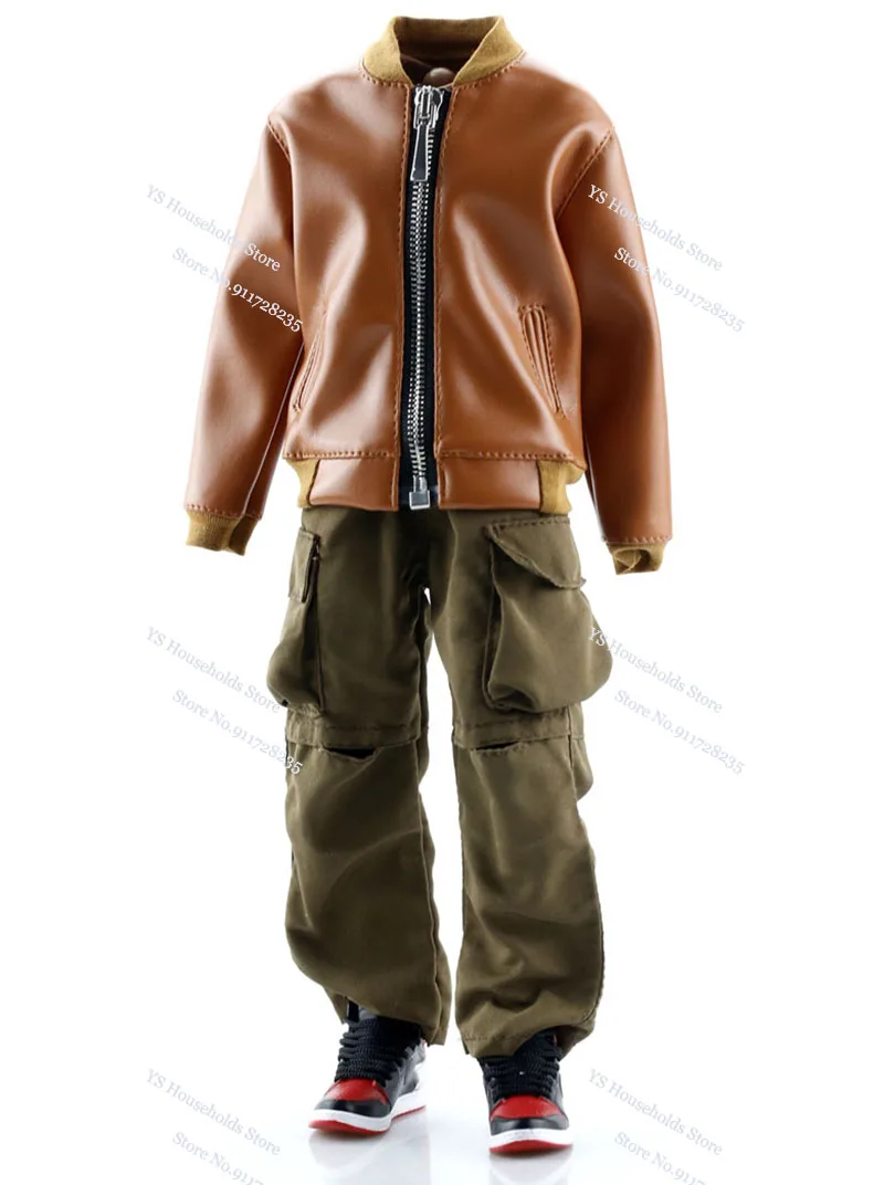 Homem Soldado Casaco de Couro PU com bolso com Zipper, Jacket Design, Top roupas, Acessório para Figura Masculina do Corpo, preto e marrom, 1:6, FA018