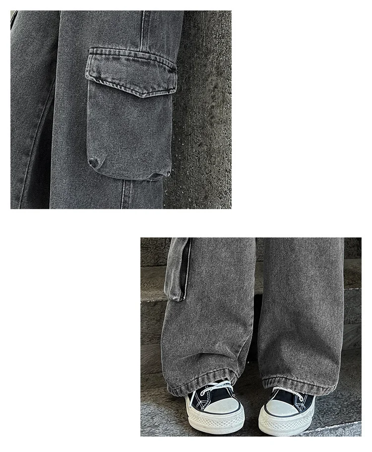 Retro Graue Cowgirl Cargo Jeans mit Taschen für Kinder, Lässige Denim-Hosen für Schule und Freizeit, Gerade Jeans für junge Mädchen – Detail 9
