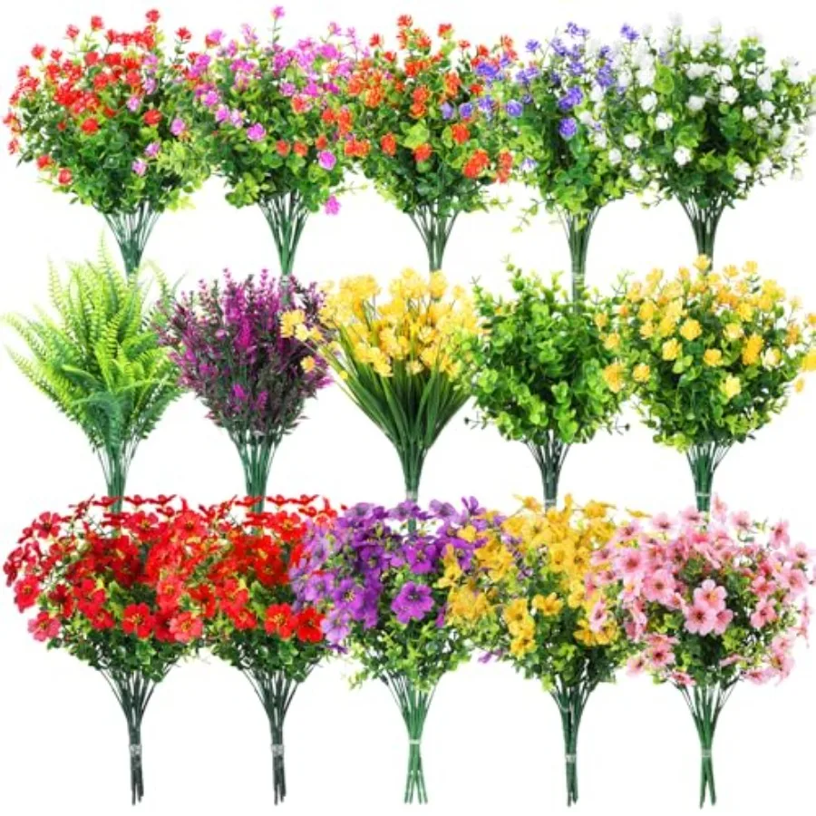 

Outdoor artificial flowers bulk: UV-resistant plastic plants in 15 colorful styles for window box, porch, patio, and home garde