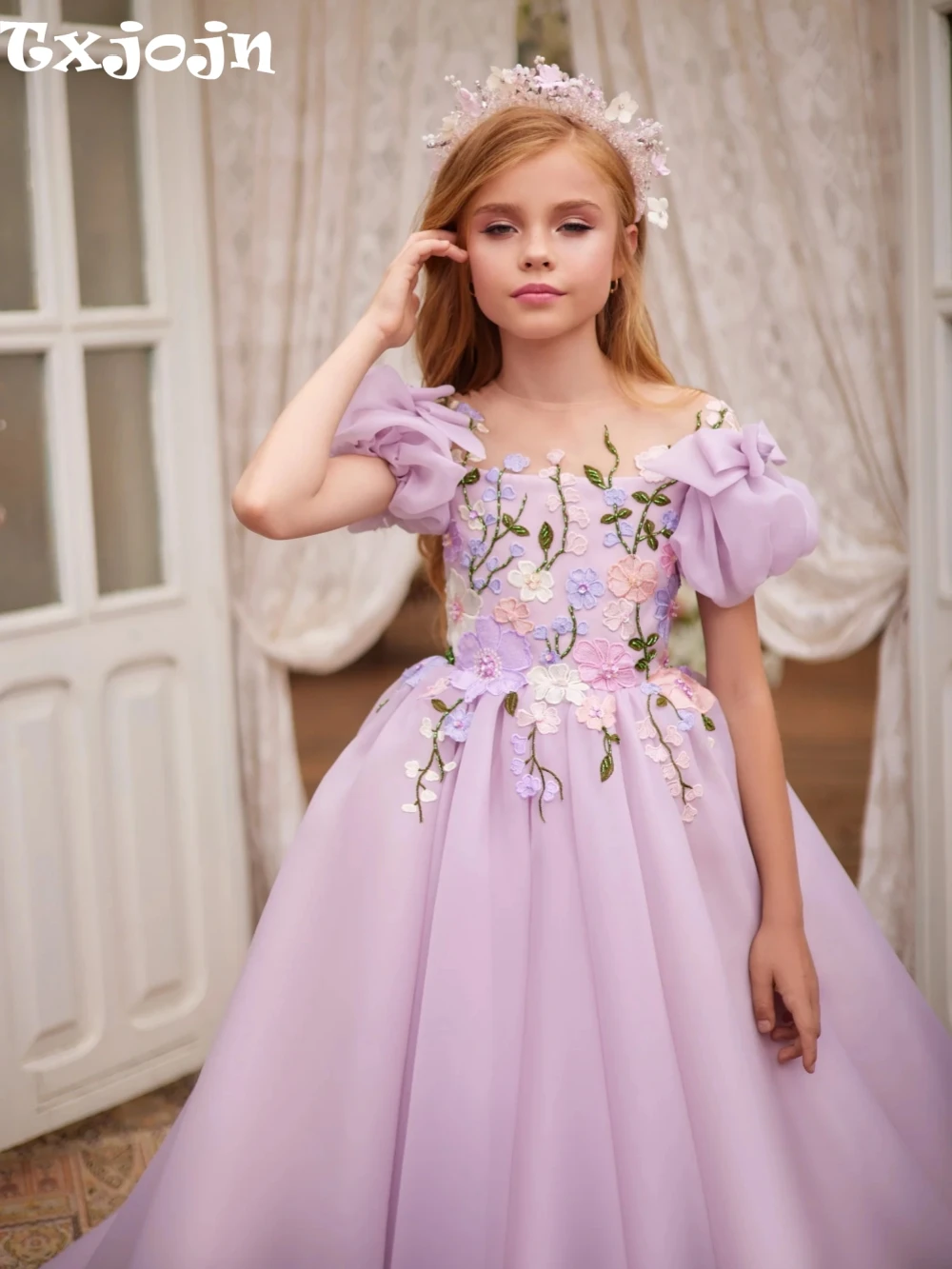 Summer Purple Girls Dresses Lace Appliques A-line Long Dancing Performance Wear 2026 New Romantic Puff Sleeve Kids Princess Gown