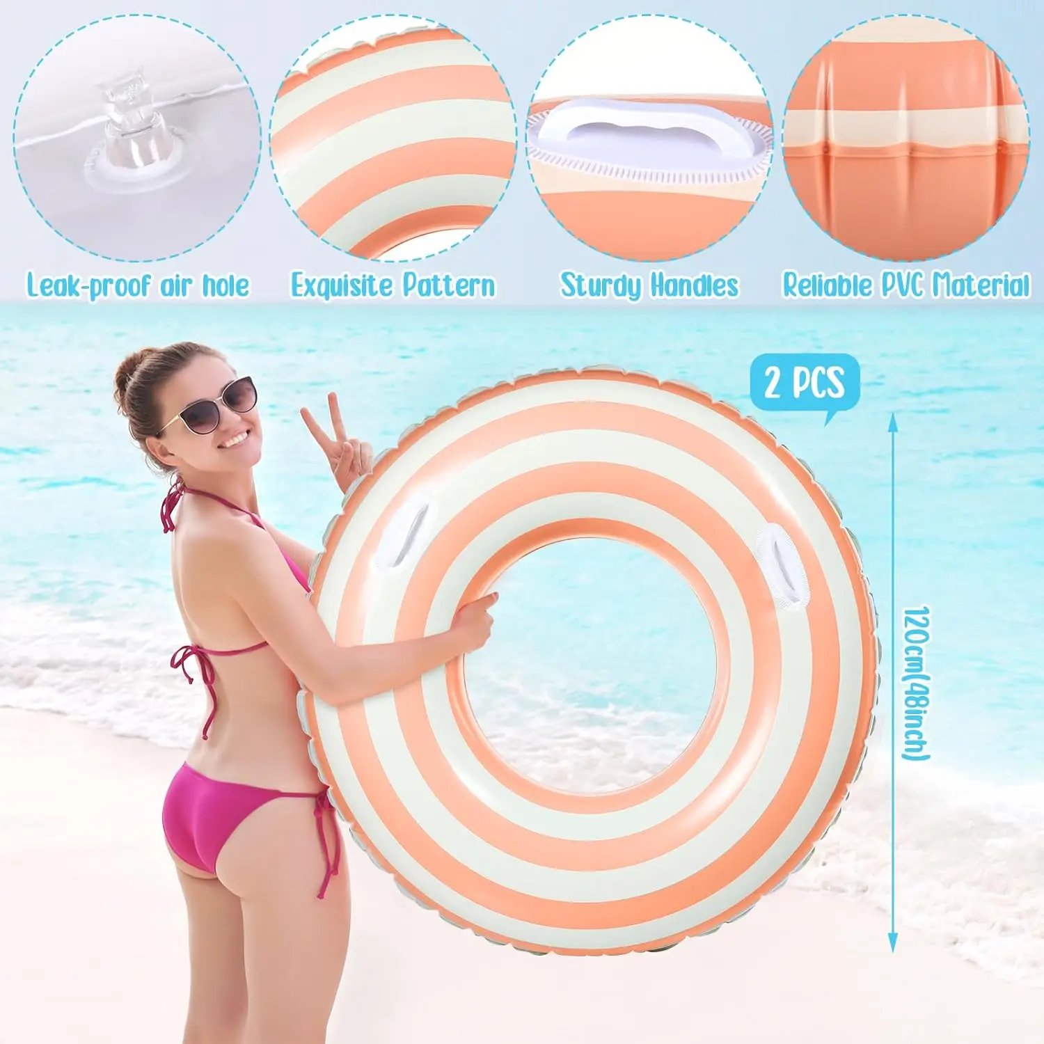 2 Pcs Large Swim Ring with Handles 47.24 Inch Inflatable Pool Floats Swimming Pool Tubes for Adults Teens Size for Summer Lounge