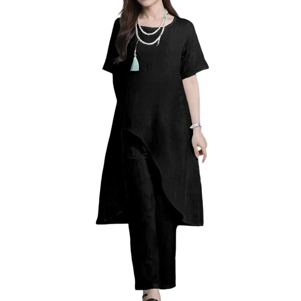 2024 Women Top Pants 2Pcs/Set Irregular Hem Short Sleeves Loose Mid Length Top Wide Leg Trousers Outfit