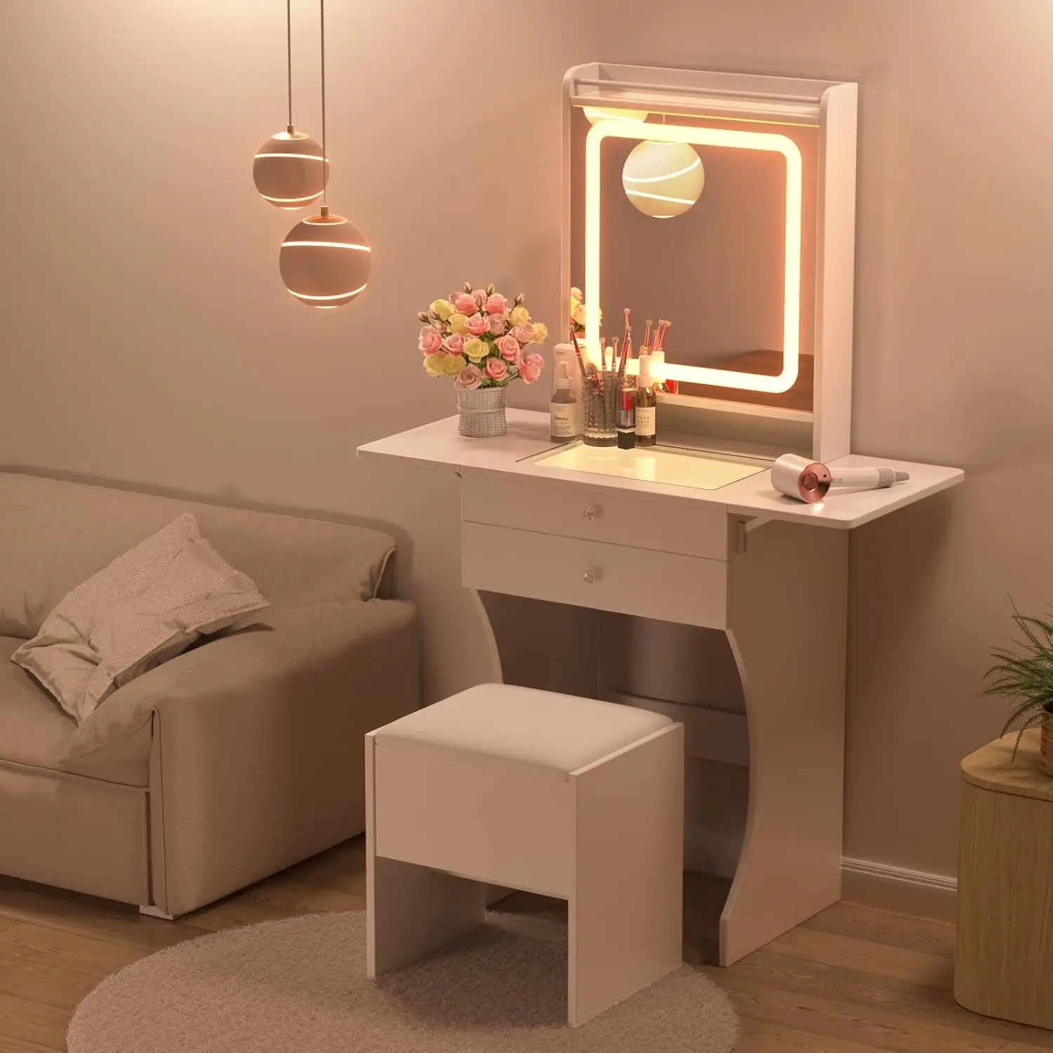 

Белый туалетный столик с зеркалом и подсветкой, стул, столешница из закаленного стекла, 2 ящика, 3 цвета подсветки для спальни, на заказ