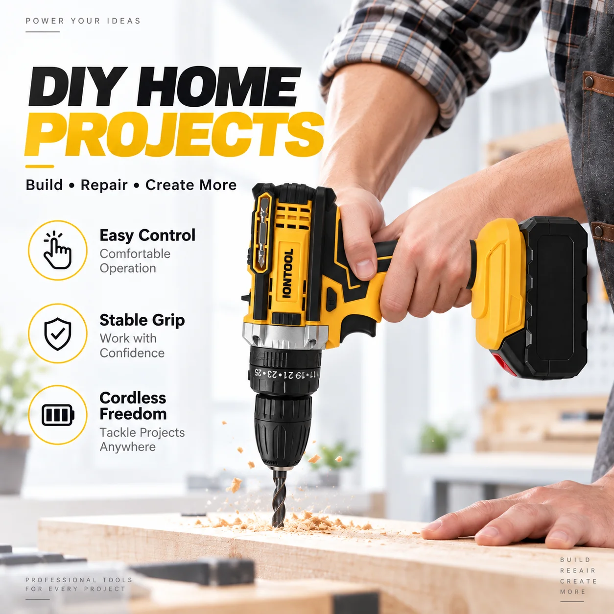 IONTOOL Portable Yellow Cordless Drill 150W For Metal Drilling and Wood Boring and Plastic Cutting and Cabinet Fastening