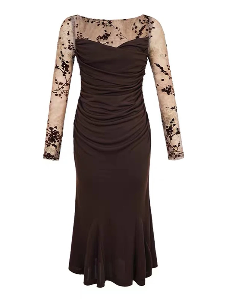 جديد بسط الملابس يتدفقون شبكة ذيل السمكة فساتين طويلة للنساء Mujer السيدات أنيقة خمر س الرقبة فستان نحيل رداء فام