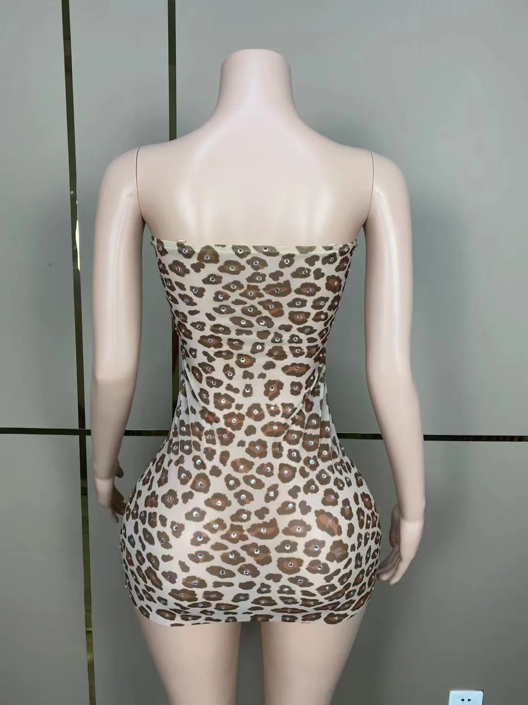 Sexy Stage Leopard Printing Strapless Sheath See Through Mini Dress Evening Party Performance Costume Bar Nightclub Stage Wear