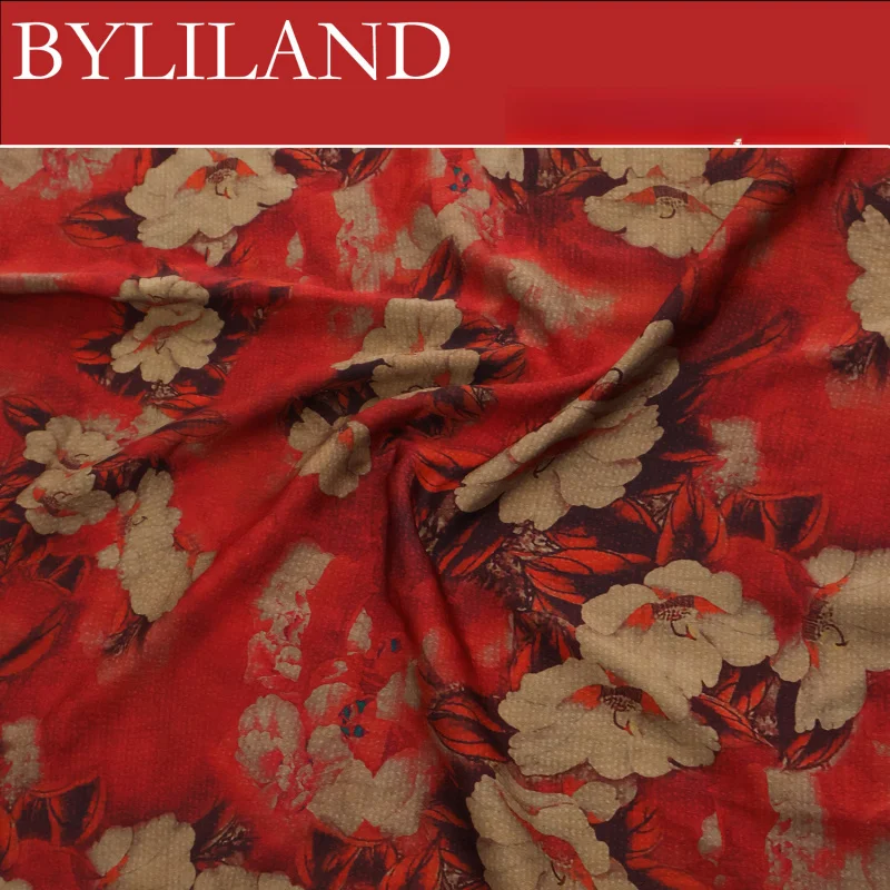 2Yards Chinese-style green and red imitation Xiangyunsha printed satin chiffon faux silk glossy fabric for Hanfu and cheongsamB