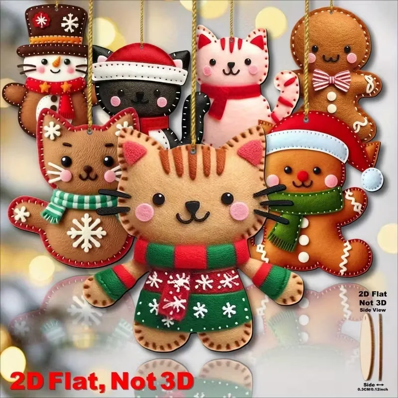 2D Plane-8 Pieces /16 Pieces Gingerbread Cat Tree Top Decoration - Christmas Decorations, Artificial Wood Holiday Decorations