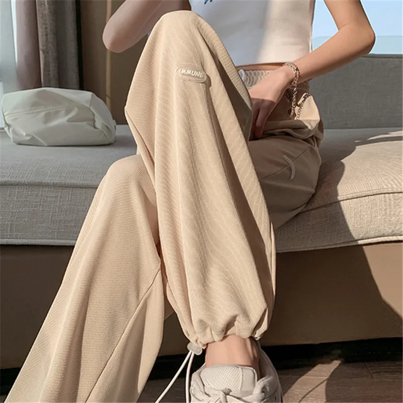 Ice Silk Wide Leg Pants Women's High Waist Drapey Large Size Summer Thin Anti-Mosquito Spring Autumn Casual Cuffed Sports Tro...