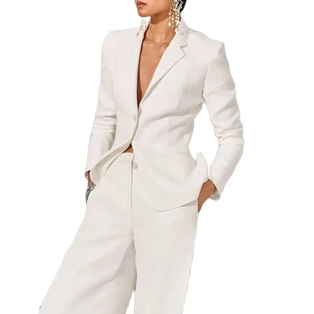 White Slim Fit Notch Lapel Office Lady Women 2 Pants Sets with Jacket Regular Length Solid Color Business Formal Clothing Suits