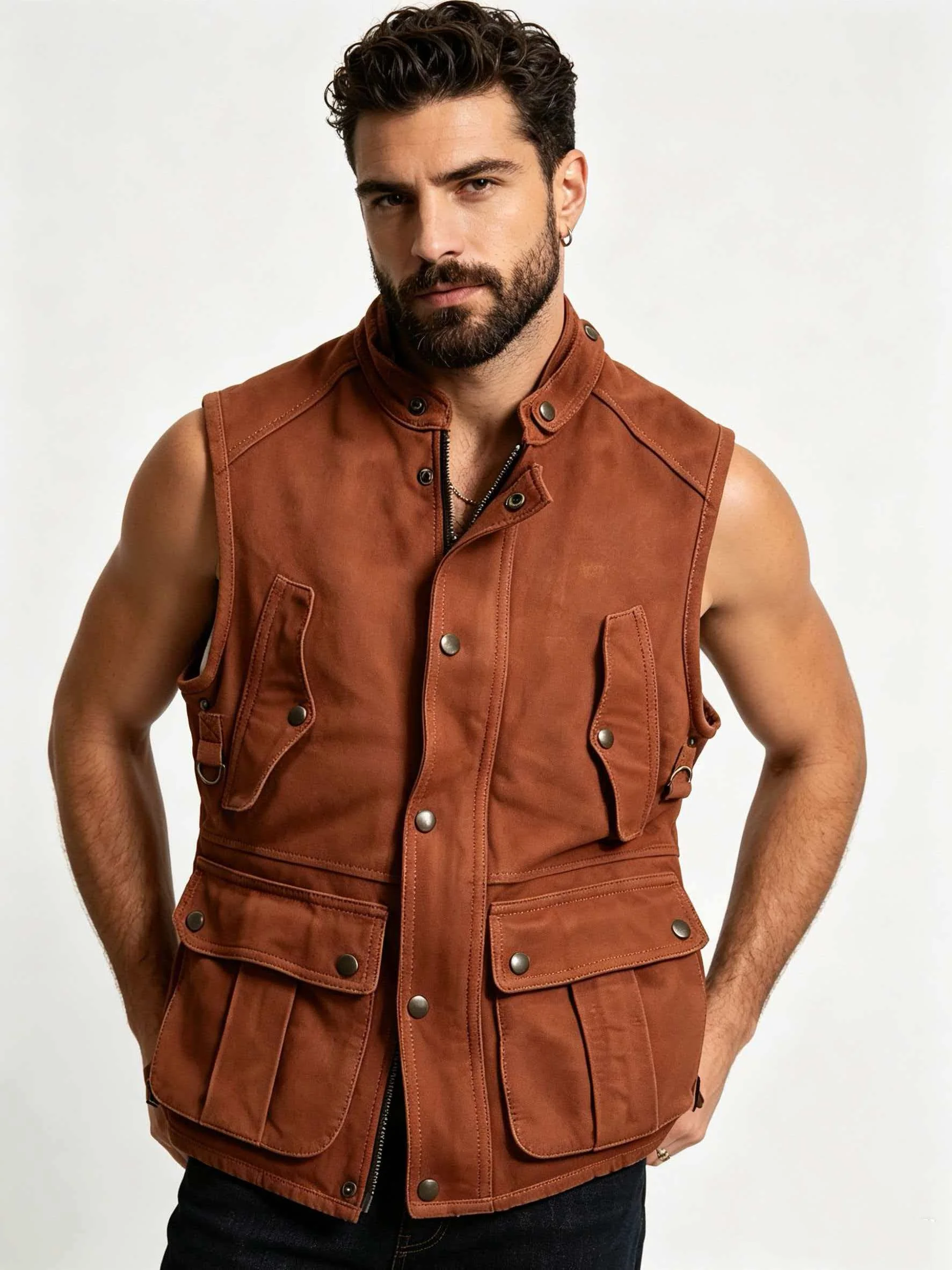 Brown Autumn Leather Vest Men Retro Style Plus Size 5XL Genuine Natural Sheepskin Stand Collar Multi-Pocket Vest
