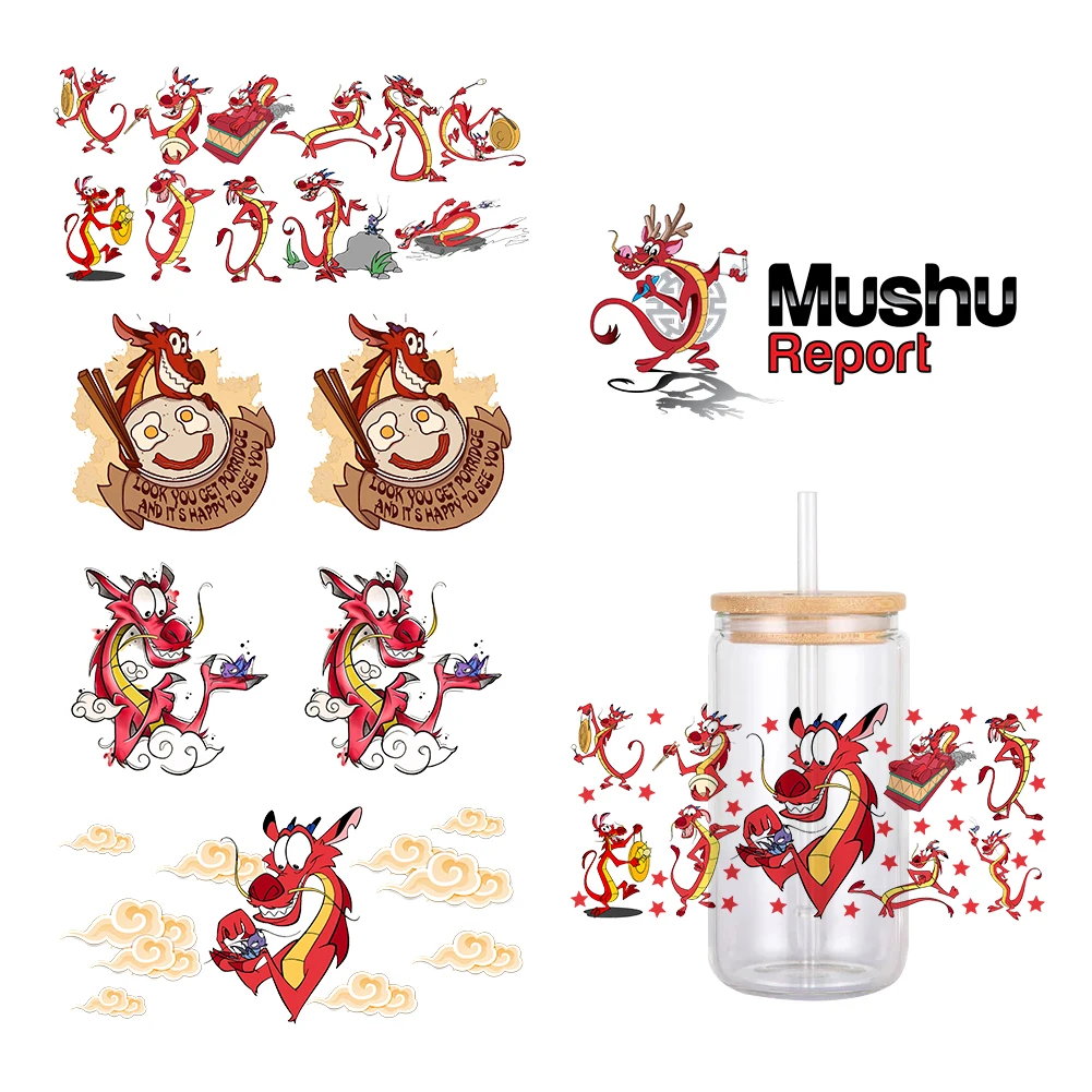 MINI Disney Mushu Pattern UV DTF Transfer Sticker Waterproof Transfers Decals For 16oz Glass Cup Wrap Stickers