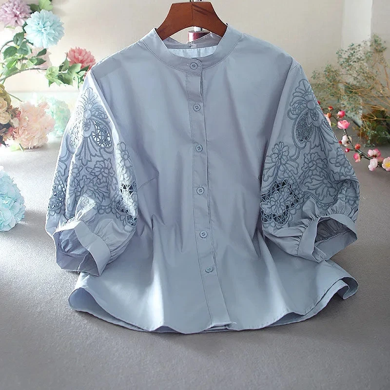 Cotton Hollow-out Embroidered Shirts 2023 New Summer Loose Single Breasted Women\'s Blouse Lantern Sleeve Elegant Tops Feminine