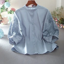 Cotton Hollow-out Embroidered Shirts 2023 New Summer Loose Single Breasted Women's Blouse Lantern Sleeve Elegant Tops Feminine