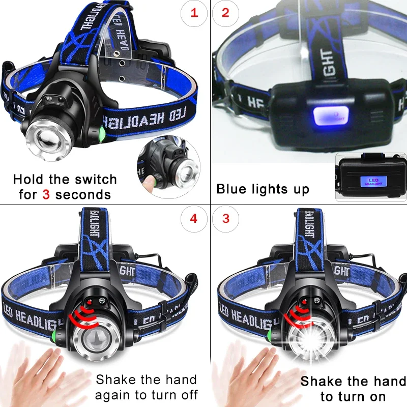 High lumen LED Headlamp Body Motion Sensor T-6L2/V6 Zoomable Led Head lamp Flashlight Torch Headlight Lanterna light for Camping