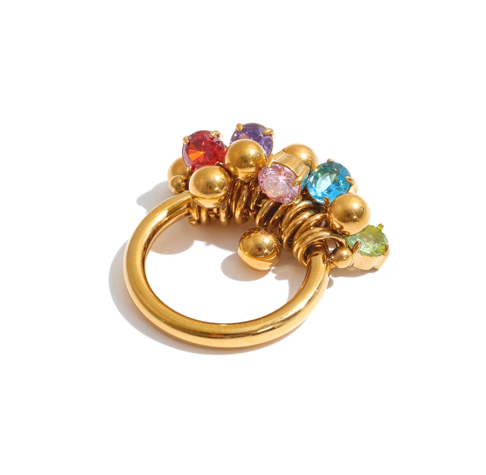 Yhpup Größe 678 Edelstahl Bunter Zirkon Runder Kugel-Anhänger Ring für Frauen Trendiger Handgefertigter Fingerschmuck – Detail 2