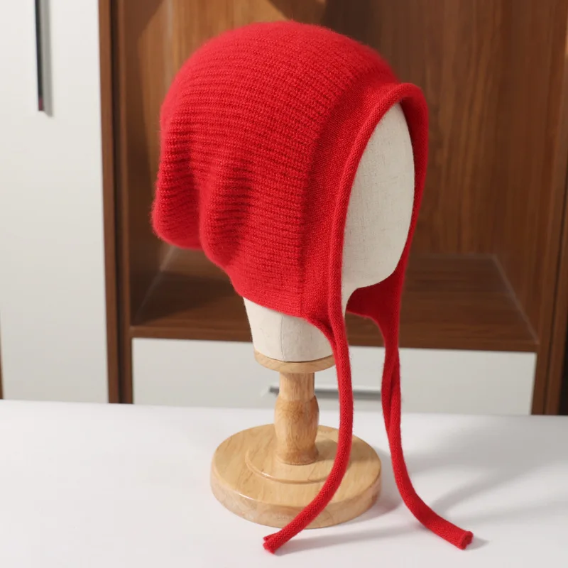Adult warm Helmet Windproof Hat Ear Protection Winter Knit Beanies Solid Colors Wool Blend Cute Lovely Cap Beige Black Skullies