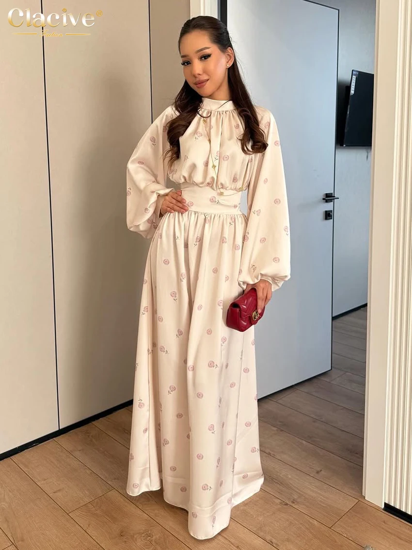 

Clacive Spring Loose Print Women's Dress 2026 Fashion Stand Collar Long Sleeve Maxi Dresses Elegant High Waist Female Dress