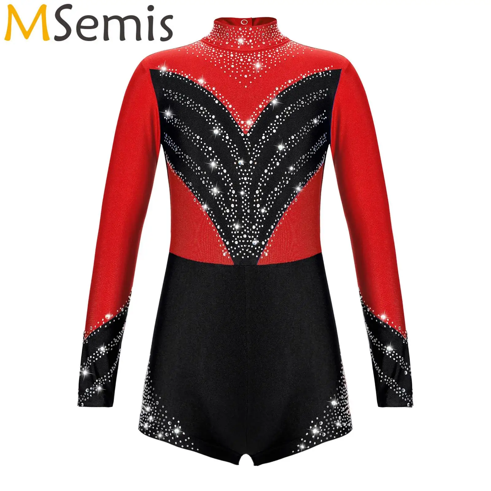 Kids Girls Long Sleeve Gymnatics Ballet Leotards Dance Cosume Stand Collar Shiny Diamond Hollow Back Jumpsuit for Figure Skating