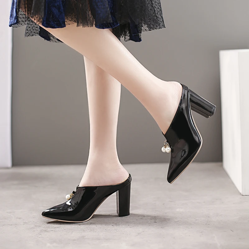 orAllMatch Plus Size 30-48 Women Patent Leather Pointed Toe Block Heel Slides Pearl Decor 8.5cm High Heel Elegant Party Office Dress Shoes Extra Size Comfort Fashion Female Footwear Outdoor All Match Daily Wear