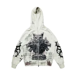 American High Street Fashion Brand Anime Graffiti Print Zipper Hoodie Men Y2k Harajuku Retro Casual Oversized Sweatshirt Women