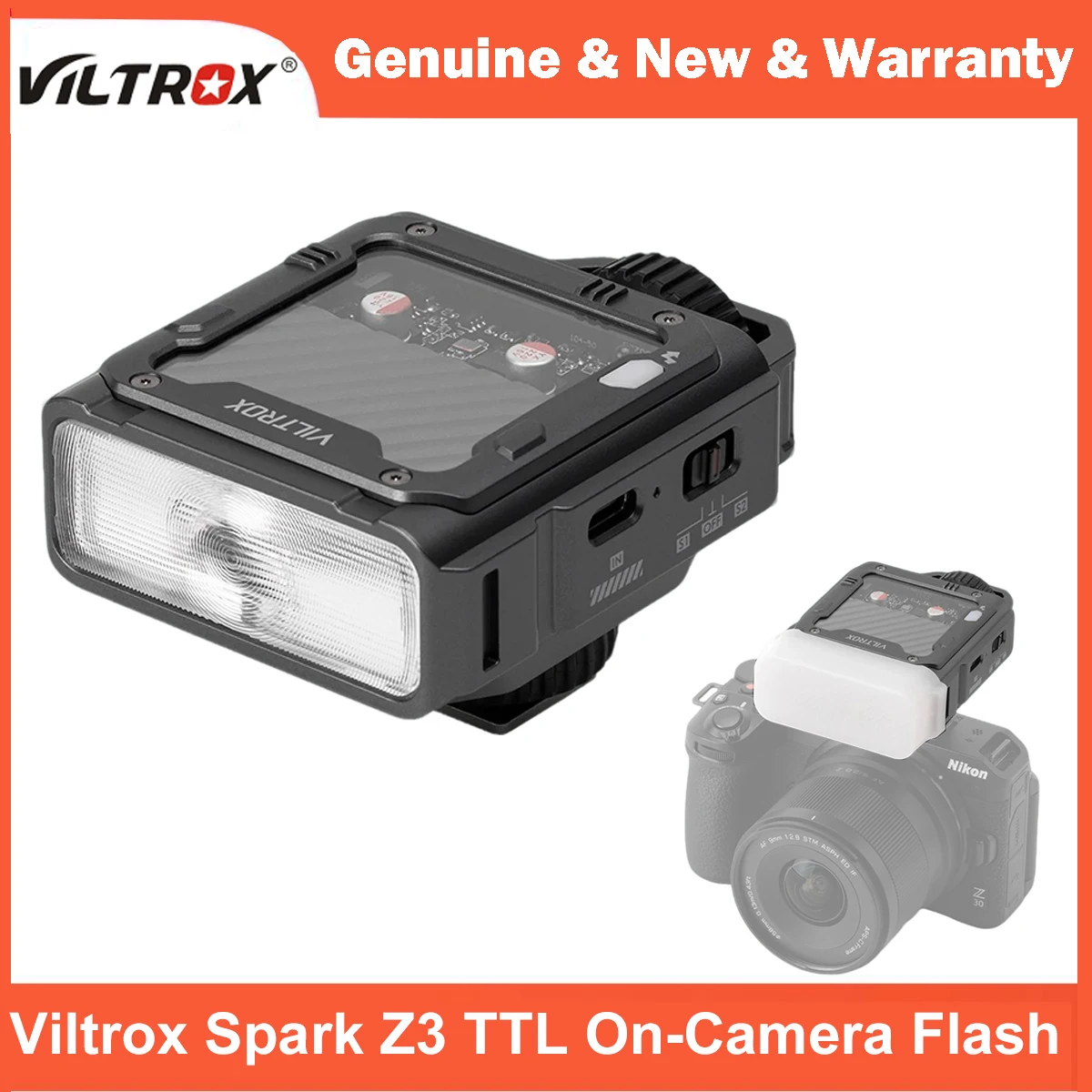 Viltrox Spark Z3 TTL Flash sur appareil photo 26 W d'alimentation, 144 g compact pour appareils photo Canon/Sony/Nikon/Fujifilm pour volter/tiroirs en plein air