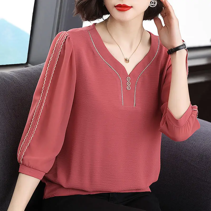 Elegant Casual V-Neck 3/4 Sleeve Chiffon Shirt Summer Women\'s Clothing Simplicity Loose Fashionable Solid Color Button Blouse