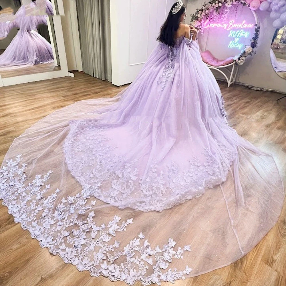 Butterfly Off Shoulder Quinceanera Dress Sweep Train Tulle Corset Back Ball Gown Robes De Mariee Sweet 16 Prom Dress Vesti