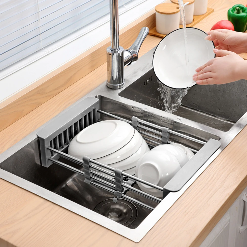 1pc Stainless Steel Retractable Kitchen Sink Drain Storage Rack Bowls Vegetables Fruits Cleaning Drain Basket