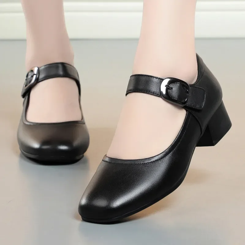 sapatos femininas women casual round toe black comfort buckle strap square heel shoes lady office & hotel work shoes zapato ha67