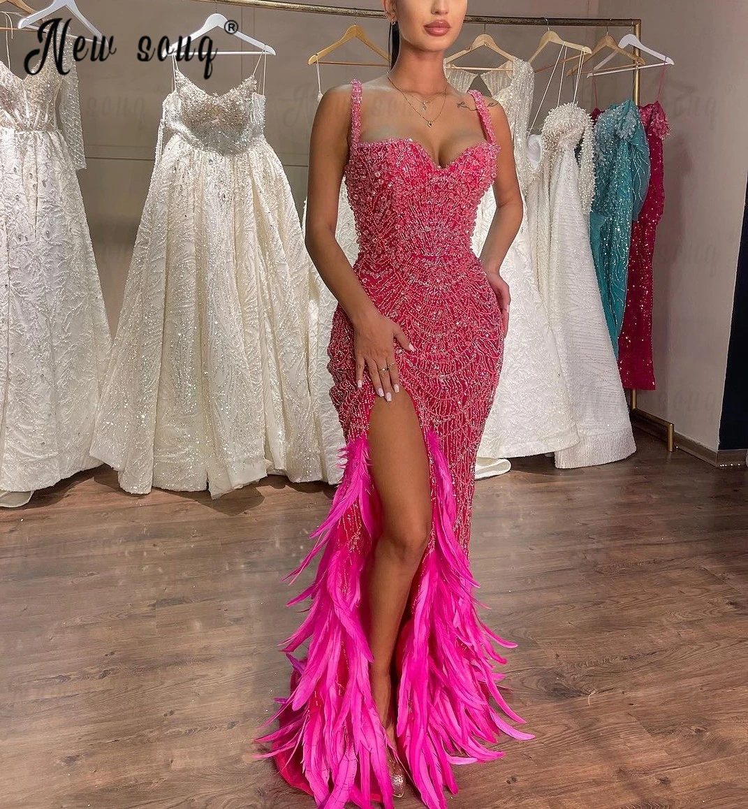 Vestido de noite bordado com alças, Vestido Formal, Rosa, Rosa, Luxo, Festa de Formatura, Divisão Lateral, Bonito, Verão, 2024