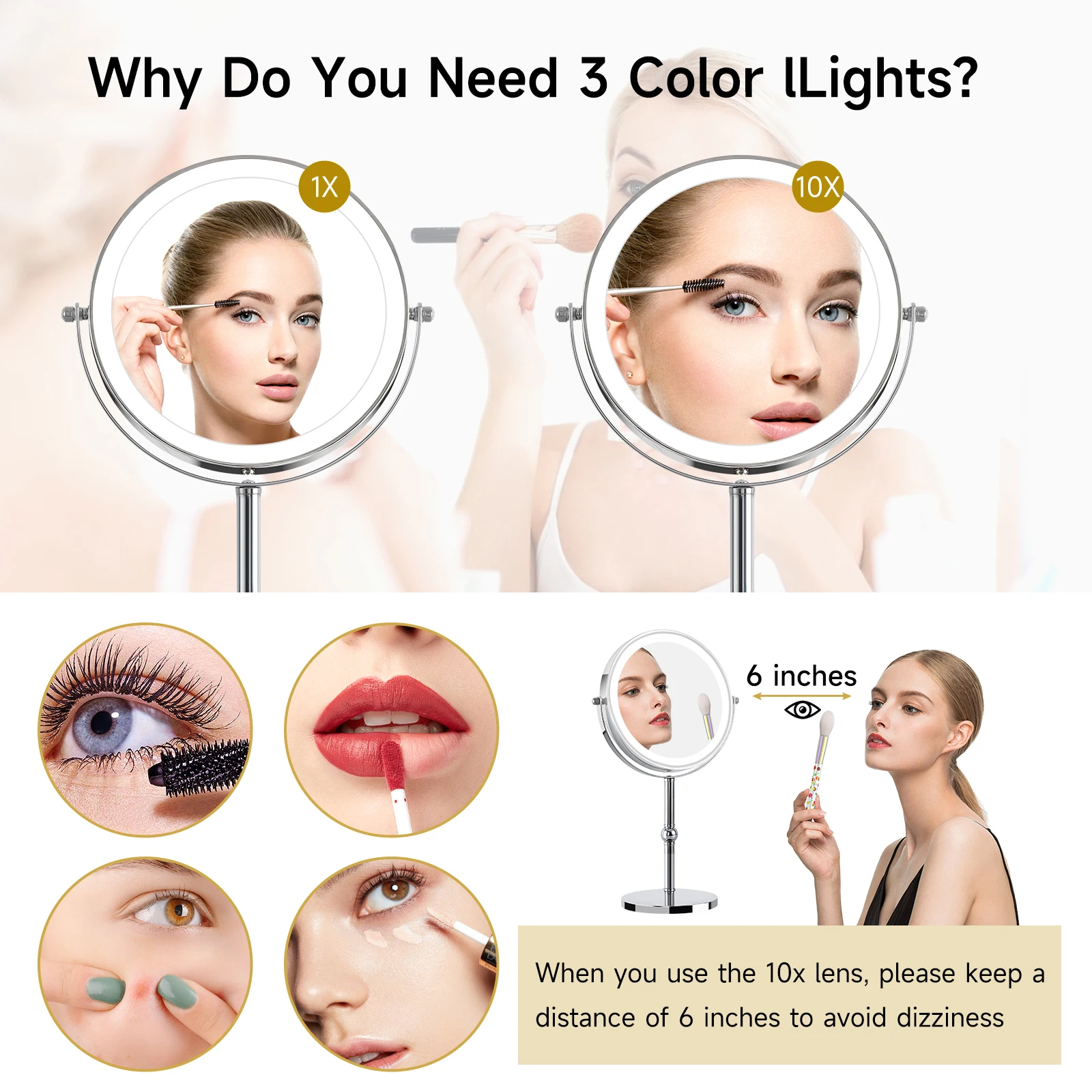 Espelho de maquiagem iluminado com luzes mais brilhantes, espelho de vaidade de mesa com ampliação HD 1x/10xTrue com controle de toque, 360 ° recarregável