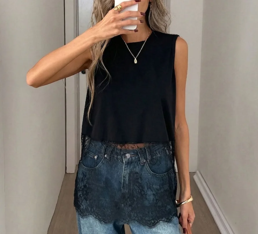 Women's Top 2026 Spring Summer New Solid Color Sleeveless Lace Patchwork Round Neck Loose Fit Casual Daily Vest Top