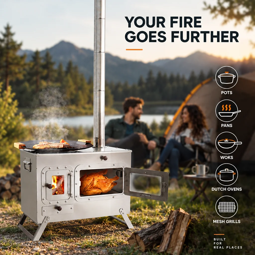 Portable Camping Wood Stove with Oven & Chimney, Stainless Steel Outdoor Stove for Cooking Heating, Tent Stove for Hiking Picnic