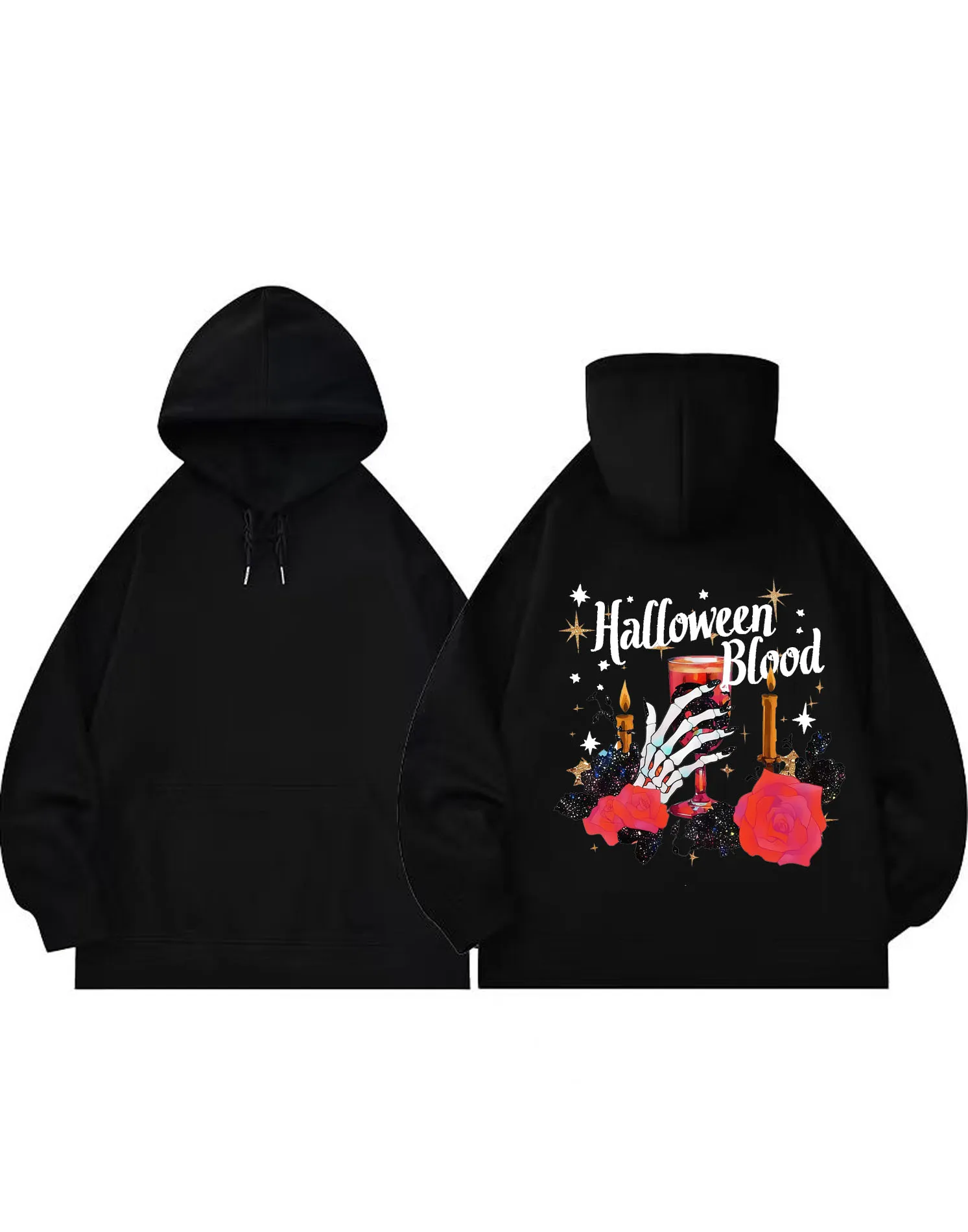 هالوين الهيكل العظمي الدم شمعة اليد روز الجرافيك الأبيض هوديي الرجال النساء موضة عادية الشارع الشهير هوديي تصميم فني 2025 عصري #2