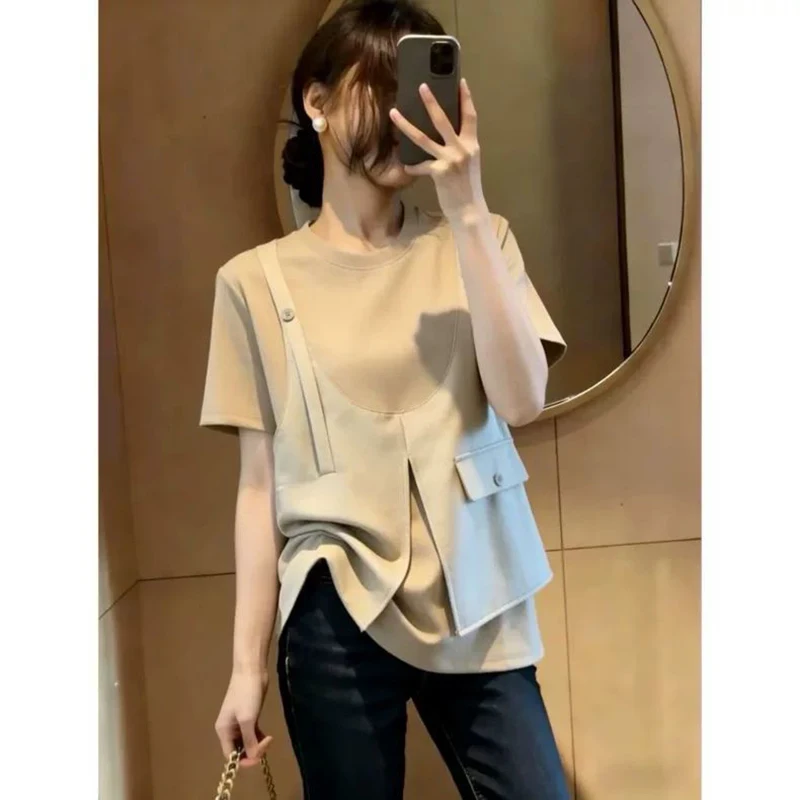 Women Fake Two Piece Short Sleeve T Shirt 2026 Summer Positive Shoulder Slim Fit Plus Size Belly Cover Daily Casual Blouse