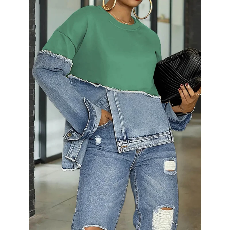 2026 ربيع الخريف المرقعة الدنيم البلوز القمم موضة كم طويل س الرقبة الشارع الشهير بلوزات المرأة بلوزة أنيقة سيدة