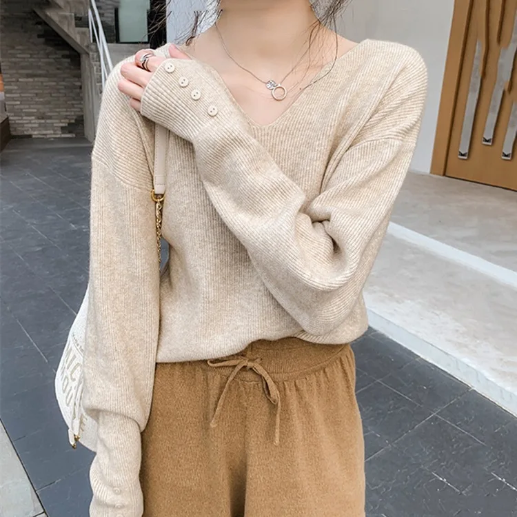 Sweater Woman autumn/winter Korean Style Solid Color New Fashionable v-neck Knit woman's Sweater Dropshipping PYRM2021031