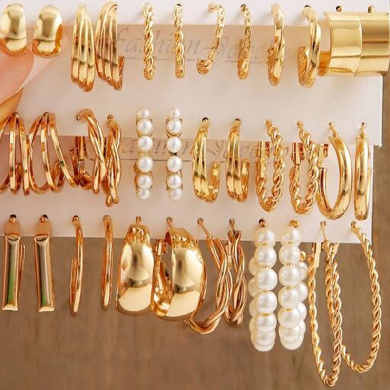 Hot Sale Metal Fried Dough Twists Chain Earrings 18pcs Set Creative Simple Earrings Geometric Earrings