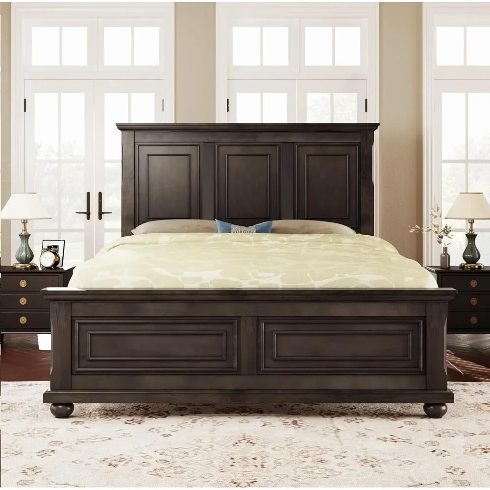 Pinewood Queen Bed Frame with Wood Panel Bed Base Queen Size Platform Bed with Tall Headboard & Footboard, , No Squeak