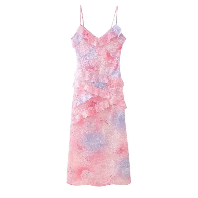 Abito lungo da donna estivo sexy con stampa floreale in pizzo con volant e scollo a V, senza spalline, per le vacanze, costumi da bagno Boho, abito lungo