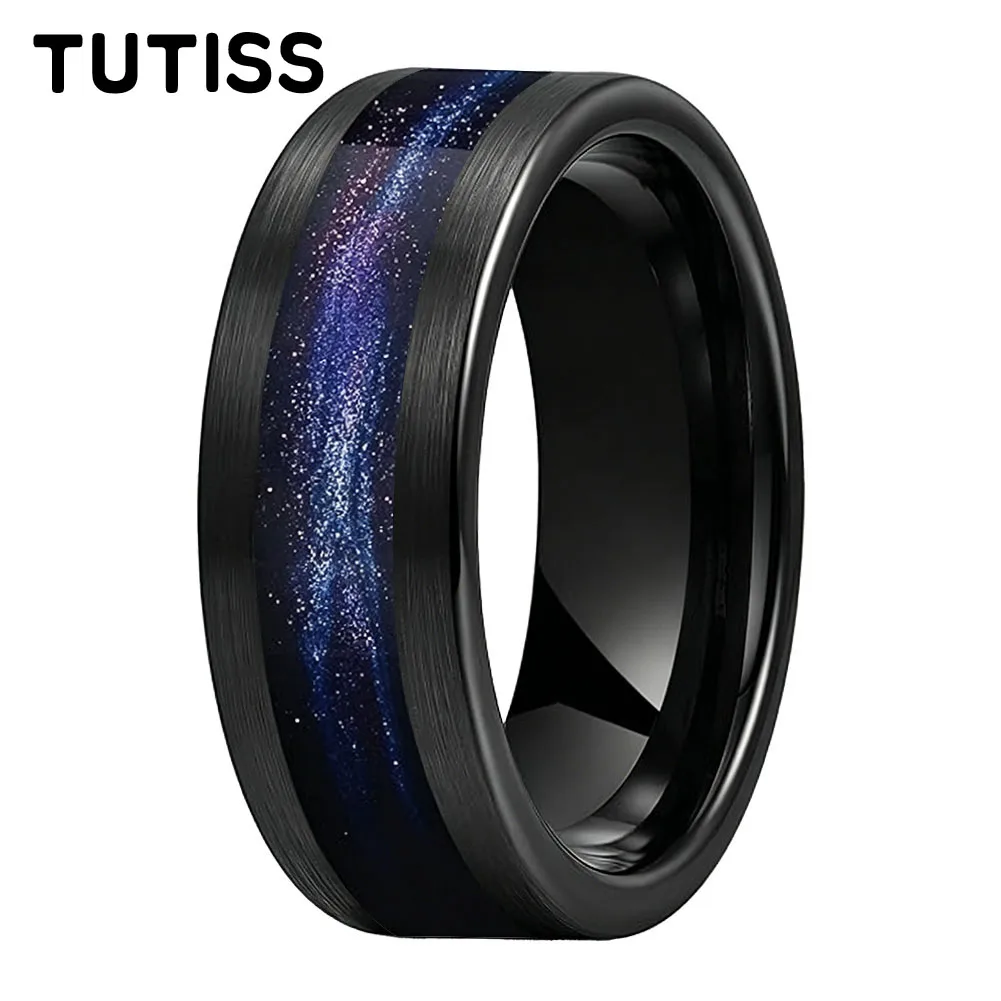 8mm Tungsten Carbide Wedding Band Ring Inlay Various Flowing Sand/Green Grass Agate, High Polished Dome-Suitable for Daily Wear