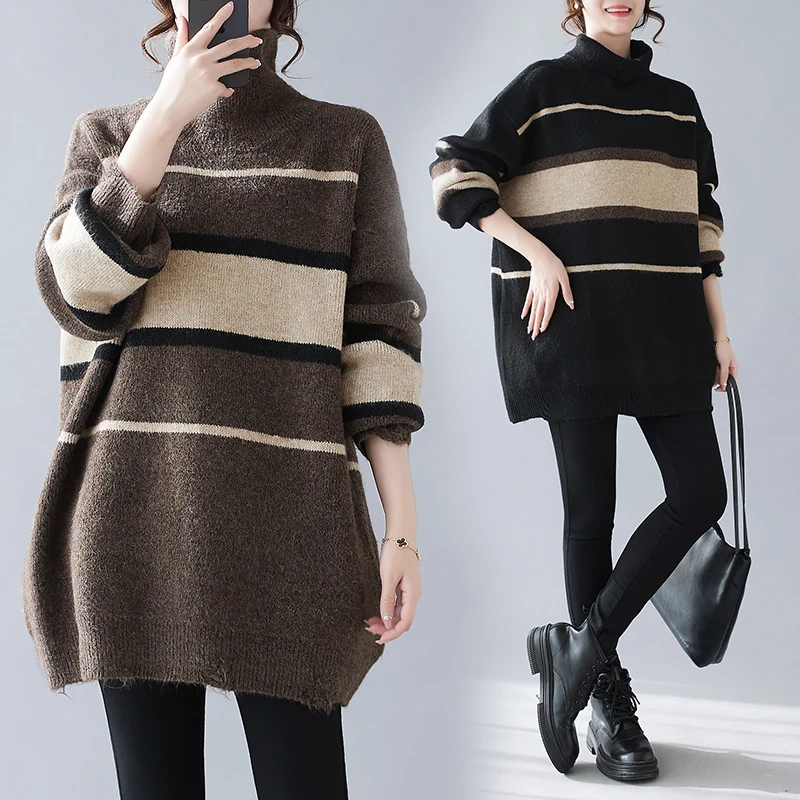 

Fashion Striped Patchwork Turtleneck Women Sweater Autumn Winter Loose Thicken Vintage Literary Versatile Casual Simple Pullover