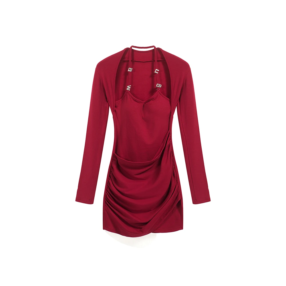 ชุดเดรสสั้นสไตล์เกาหลีสำหรับผู้หญิง แขนยาว ทรงเข้ารูป ดีไซน์สองชิ้นหลอกๆ  สำหรับงานปาร์ตี้หรือทำงาน  ให้ลุคหรูหราและเซ็กซี่